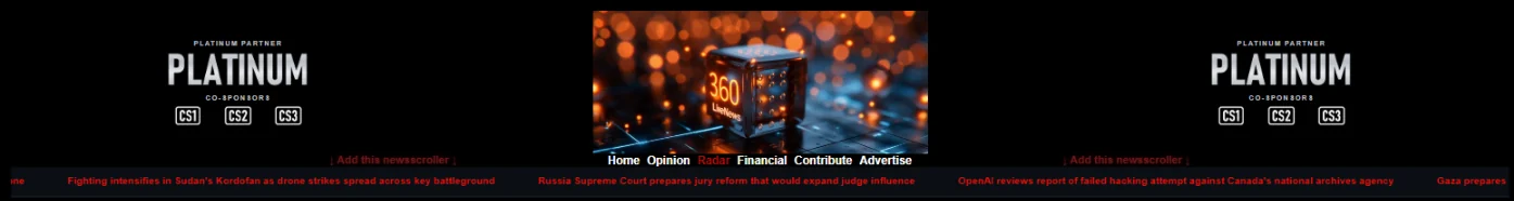 Desktop header with the PLATINUM partner and three co-sponsor logos either side of the 360LiveNews logo